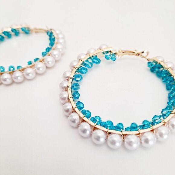 💖2/$30 Gold tone boho hoop pearl blue turquoise beaded coquette chunky earrings - Picture 14 of 17